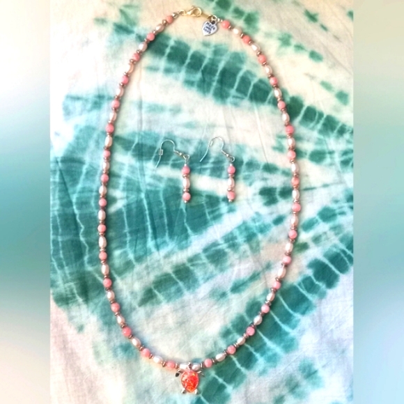 Handmade Sea Turtle Pearl & Gemstone Jewelry Set - Picture 1 of 4